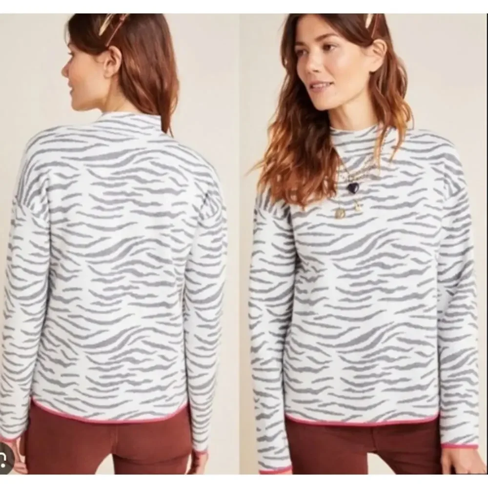 BY ANTHROPOLOGIE Lizzie Zebra Striped Sweater Grey White Longsleeve Mock Neck XS